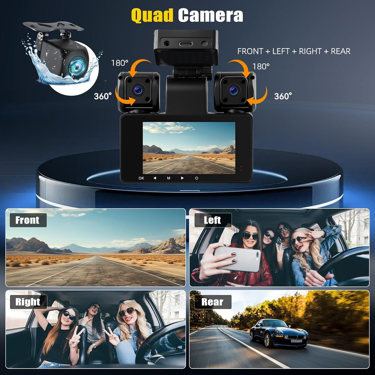 Dashcam Auto – Autocamera – Dashboardcamera – Rijcamera – Camera Voor Auto – 4-Kanaals 2K Voor En Achter – 3 Inch Touchscreen Met Wifi App