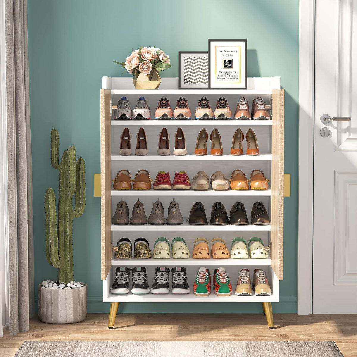 Tribesigns Shoe Cabinet with Doors, 7 Tier Shoe Storage Cabinet with Adjustable Shelves, Wooden Shoe Rack, Shoe Storage for Entrance, Hallway, Closet, Living Room, Wood and Gold