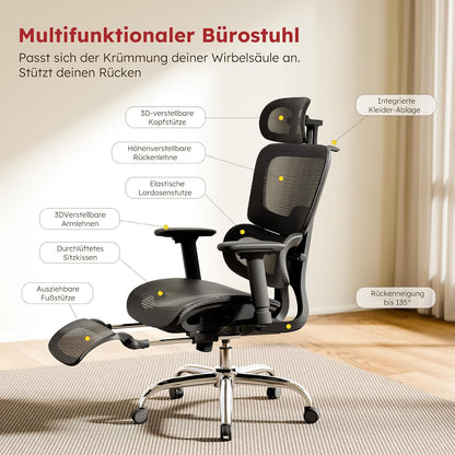 Bureaustoel – Ergonomische Stoel – Office Chair – Gamingstoel – Computerstoel – Volledig Mesh Design – Verstelbare Rugleuning & Voetsteun