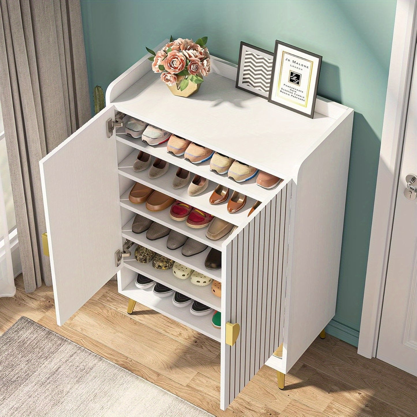 Schoenenkast – Schoenenrek – Schoenopberger – Schoenenkast – Schoenmeubel – 6-laags met Verstelbare Planken – Wit MDF met Gouden Accenten