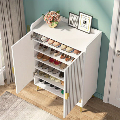 Schoenenkast – Schoenenrek – Schoenopberger – Schoenenkast – Schoenmeubel – 6-laags met Verstelbare Planken – Wit MDF met Gouden Accenten