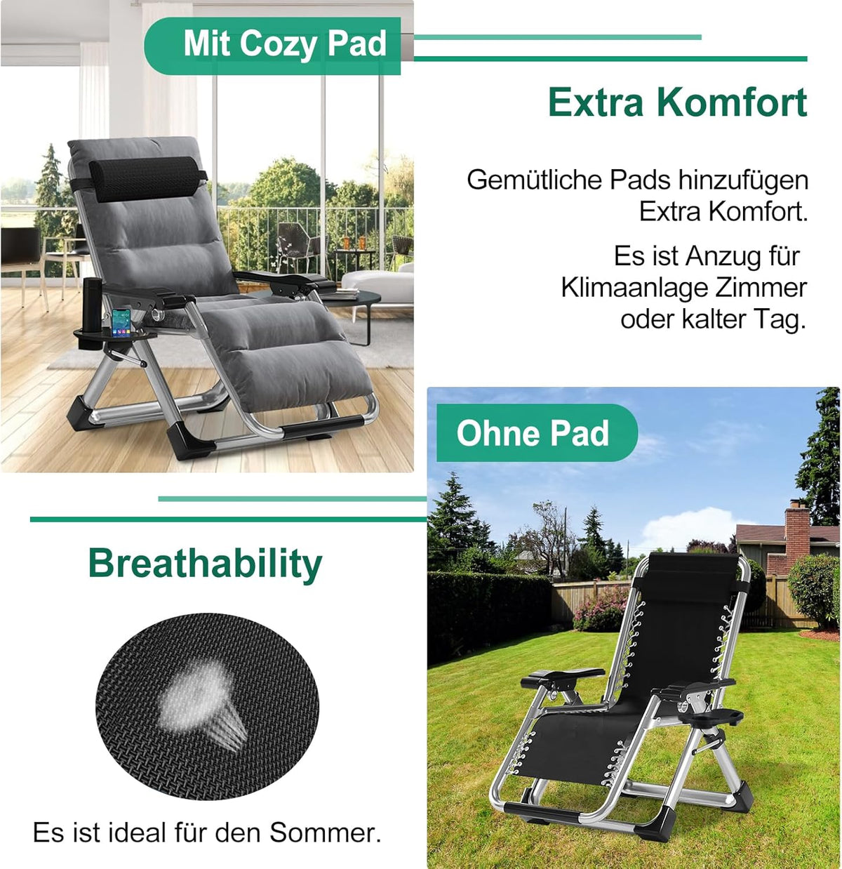 Ligstoel – Ligstoel Lounger – Tuinstoel – Relaxstoel – Opvouwbaar – Verstelbaar 90°-170° – Carbonstaal Frame – Inclusief Kussen en Zijzak