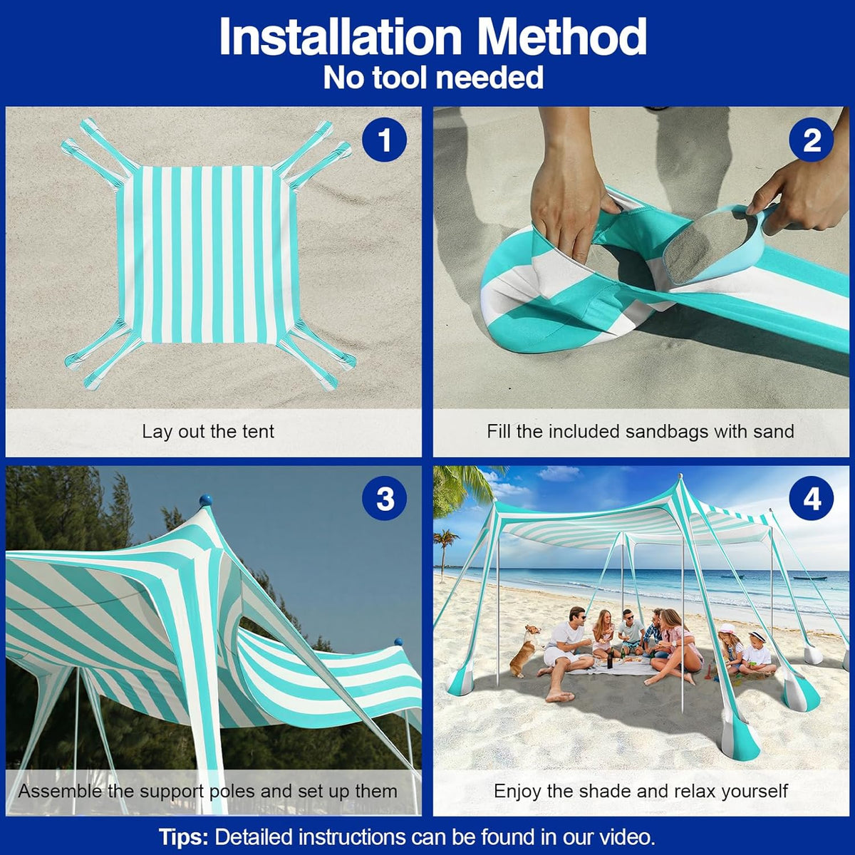 Rhino Valley Beach Tent, 10 x 10 FT Beach Shade UPF50+ Protection, Beach Canopy with 8 Sandbags 4 Stability Poles, Outdoor Beach Tent Sun Shelter Umbrella for Sand, Camping, Fishing,Mint Green Stripes