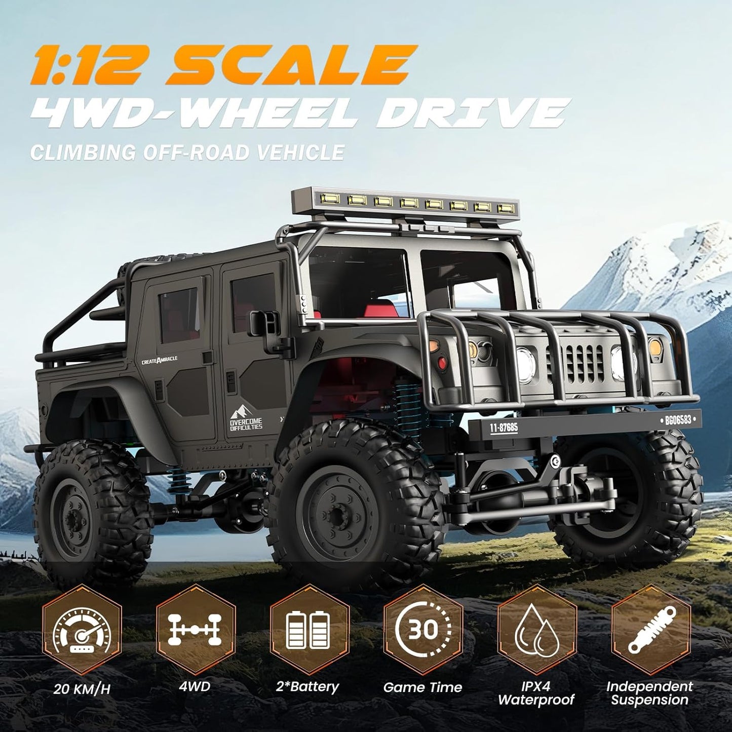 SIMREX 1:12 Schaal All-Terrain Afstandsbediening Auto, 4WD RC Auto's met 2,4 GHz, RC Klimtruck, IPX4 Waterdicht Off-Road Voertuig met Twee Oplaadbare Batterijen, Voor Kinderen Tieners Volwassenen
