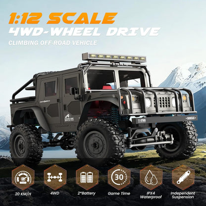 SIMREX 1:12 Schaal All-Terrain Afstandsbediening Auto, 4WD RC Auto's met 2,4 GHz, RC Klimtruck, IPX4 Waterdicht Off-Road Voertuig met Twee Oplaadbare Batterijen, Voor Kinderen Tieners Volwassenen