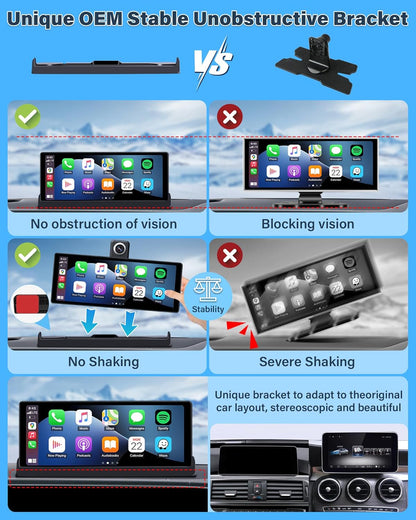 4K Apple Carplay Android autodisplay met exclusieve houder, 350° draaibaar 10,26 inch autodisplay, Car Play scherm, Buddy display met Siri/G-oogle GPS-navigatie, bluetooth, 64 GB TF-kaart