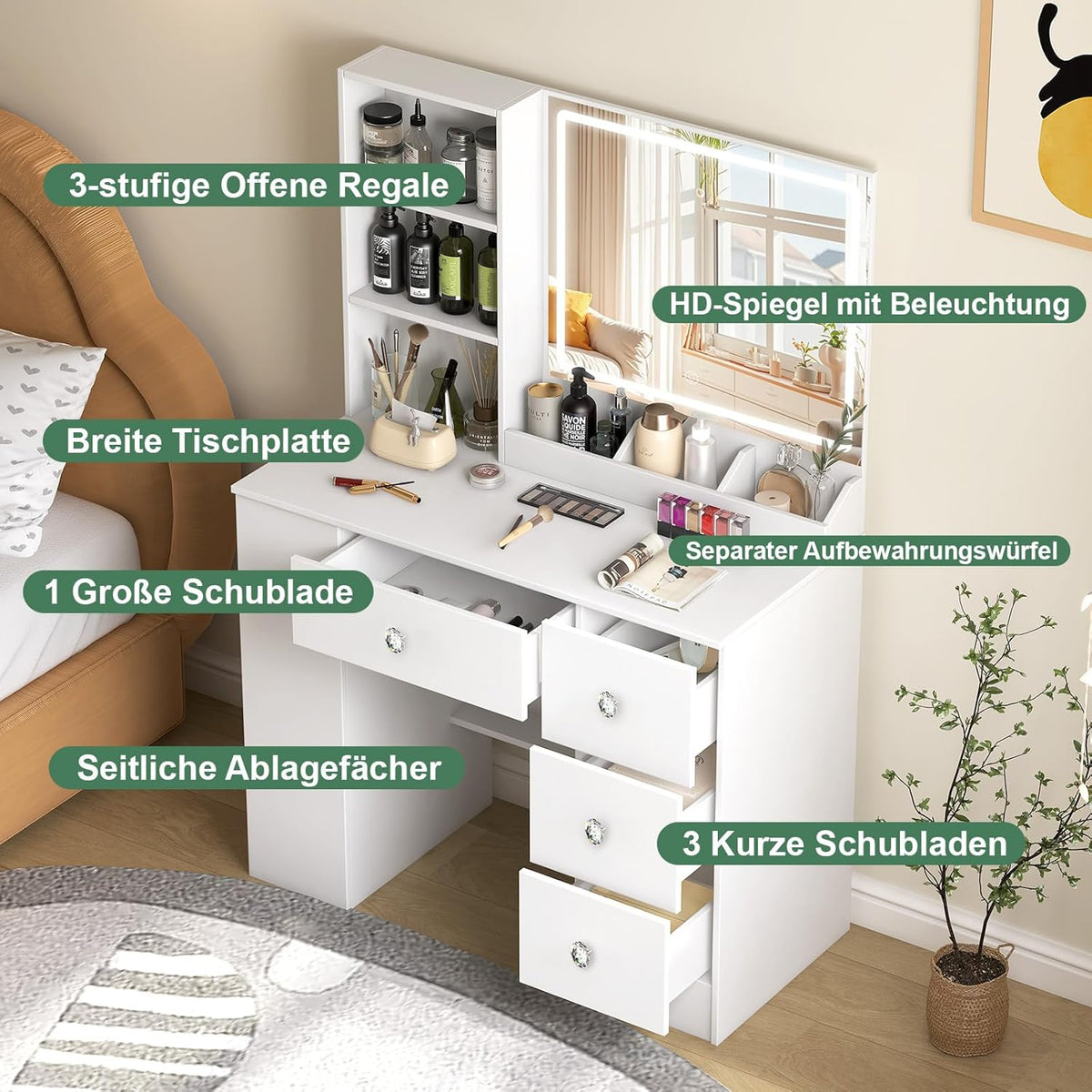 3-in-1 Kaptafel: Make-up, Bureau & Nachtkastje | Moderne Witte Kaptafel met Slimme LED Spiegel & 4 Lades