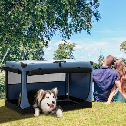 Petsfit Opvouwbare hondenbox, hondenbench voor thuis, verstelbare stoffen hoes met spiraalijzeren buis, hondenkrat, stof, grote honden, 3 deurdesign, eenvoudig transport, makkelijk opbergen, XL, blauw