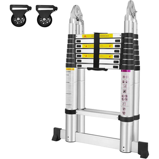 Uitschuifbare Aluminium Ladder – Inklapbare Ladder – Telescopische Ladder – Opvouwbare Ladder – Werkplaatsladder – 5 Meter Lengte – Balansstang en Wieltjes – 150 kg Belastbaar