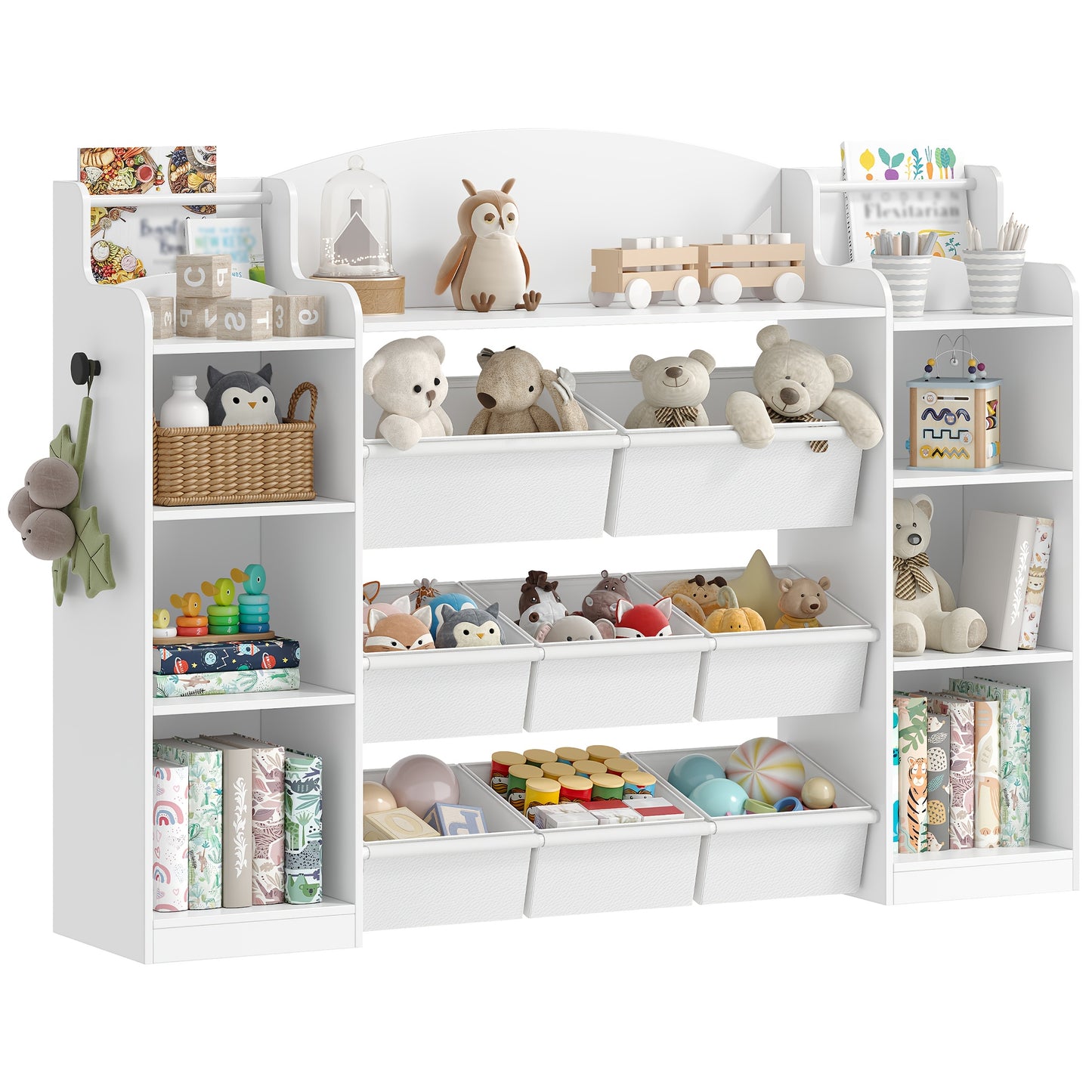 Kinderboekenkast – Boekenkast – Speelgoedkast – Opbergkast – Kindermeubel – Wit – 140 cm Breed – Met 8 Stoffen Opbergboxen