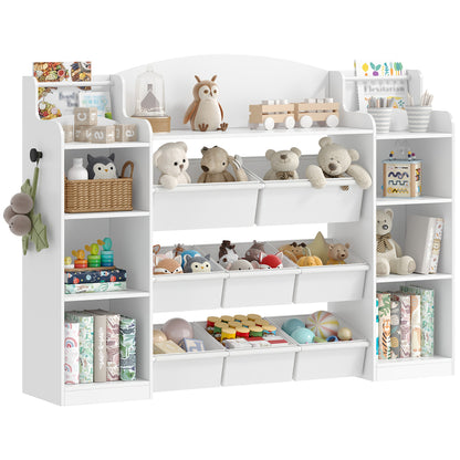 Kinderboekenkast – Boekenkast – Speelgoedkast – Opbergkast – Kindermeubel – Wit – 140 cm Breed – Met 8 Stoffen Opbergboxen