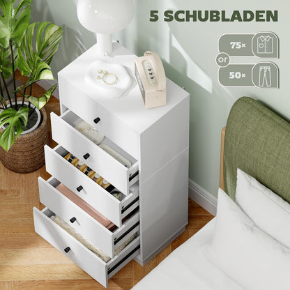 HOMCOM Kommode Sideboard mit 5 Schubladen Schrank aus Holzwerkstoff Aufbewahrungsschrank im Modern Stil Schubladenschrank Kommodenschrank für Wohnzimmer Schlafzimmer Flur 47 x 29 x 95 cm Weiß - QUORE