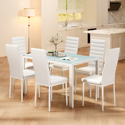 Eettafelset – Eethoek – Zitgroep – Keukentafelset – Eetkamermeubel – Ronde 6-persoons – Tempered Glass Tafelblad – Gestoffeerde Stoelen – Ruimtebesparend – Modern Design