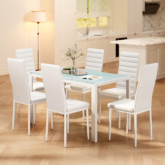 Eettafelset – Eethoek – Zitgroep – Keukentafelset – Eetkamermeubel – Ronde 6-persoons – Tempered Glass Tafelblad – Gestoffeerde Stoelen – Ruimtebesparend – Modern Design