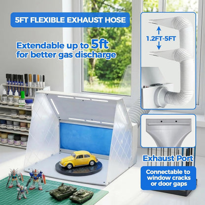 ABEST Airbrush-cabine, verstelbare krachtige ventilator en 4 ledlampen, 2-laags filter met 7,5 inch draaiplateau, 16 krokodillenstokken voor schilderen, modelbouw en handwerk