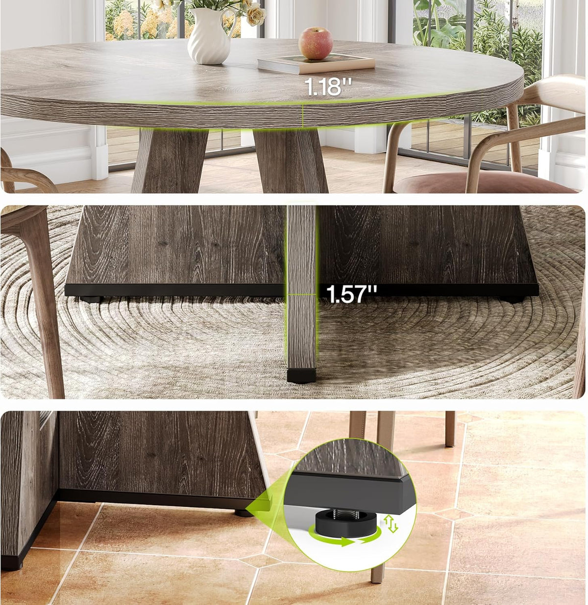 LITTLE TREE Ronde eettafel voor 4-6 personen, 117 cm eetkamertafel met houten voetstuk basis, grijze eettafel, cirkel keukentafel voor eetkamer, keuken, woonkamer (alleen tafel)