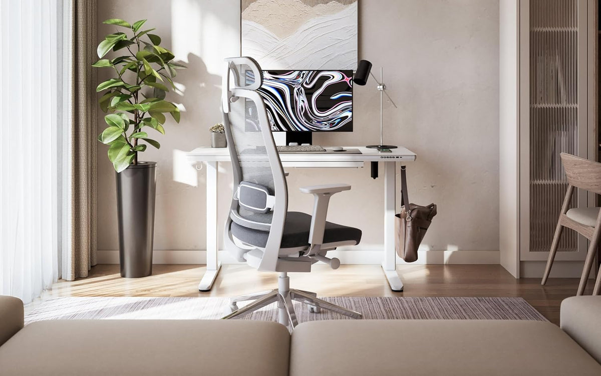MARK ADLER Leader 8.5 | Electric Desk Height Adjustable | Matte Glass Plate | USB-C & Wireless Charging Function | Memory Function | Drawer | 120 x 60 cm | White - QUORE