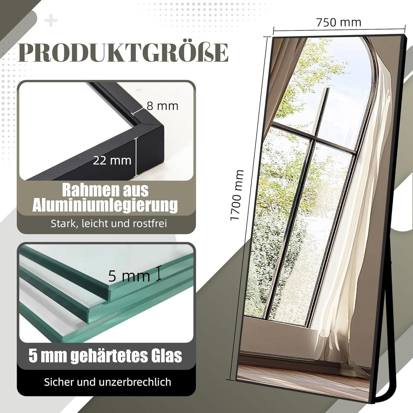 Aplancee Staande spiegel, 170 x 75 cm, zwart, grote full-body spiegel, wandspiegel met aluminium frame, om staand of op te hangen aan de muur, vloerspiegel voor slaapkamer, woonkamer en kleedkamer