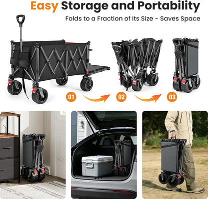 YEAUPE PRO Bolderkar, opvouwbaar, 170 liter, 120 kg, opvouwbare bolderkar met parkeerrem, 4-weg opvouwbaar, in hoogte verstelbaar, voor camping, strandwagen, tuin, winkelen, zwart