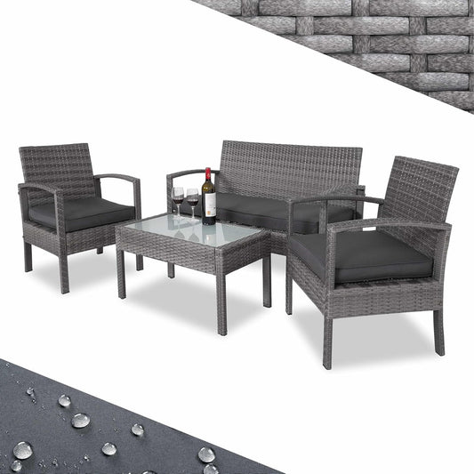CASARIA Garden furniture set weatherproof 4 people outdoor incl. cushions polyrattan 2 armchairs garden bench table garden terrace balcony furniture lounge grey - QUORE