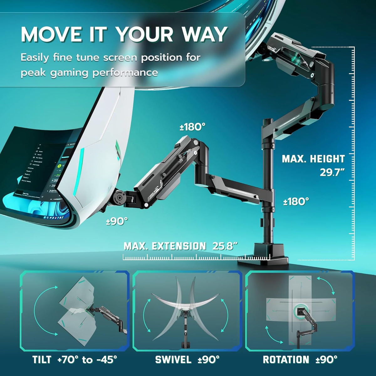 ARES WING Monitorhouder voor 2 monitoren met stang, boven elkaar voor 24-57 inch platte en gebogen schermen, tot 27/22 kg, beeldschermhouder 2 monitoren in hoogte verstelbaar, VESA 75/100/200, zwart