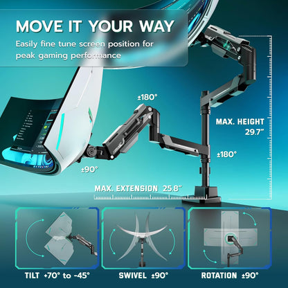 ARES WING Monitorhouder voor 2 monitoren met stang, boven elkaar voor 24-57 inch platte en gebogen schermen, tot 27/22 kg, beeldschermhouder 2 monitoren in hoogte verstelbaar, VESA 75/100/200, zwart