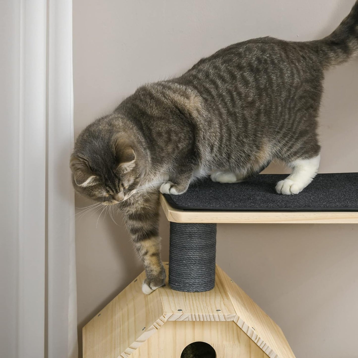 PawHut cat tree with running wheel, 4 storey scratching tree, cat house with sisal posts, cat cave, solid wood, 80 x 40 x 148 cm - QUORE