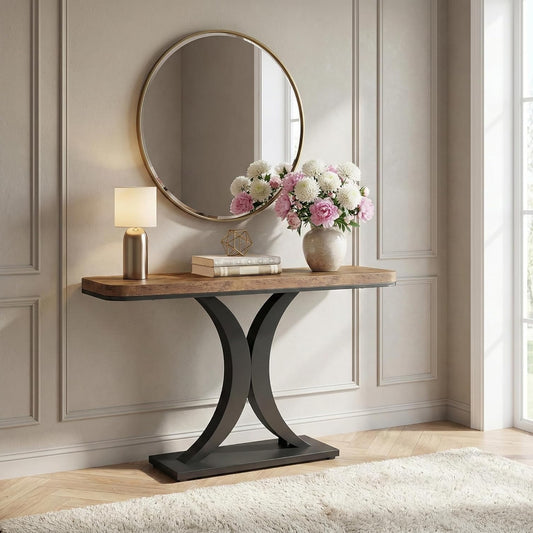 Industriële Sidetable – Console Table – Haltafel – Smalle Tafel – Woonkamer Tafel – Duurzaam Houten Blad – Stevig Zwart Metalen Frame