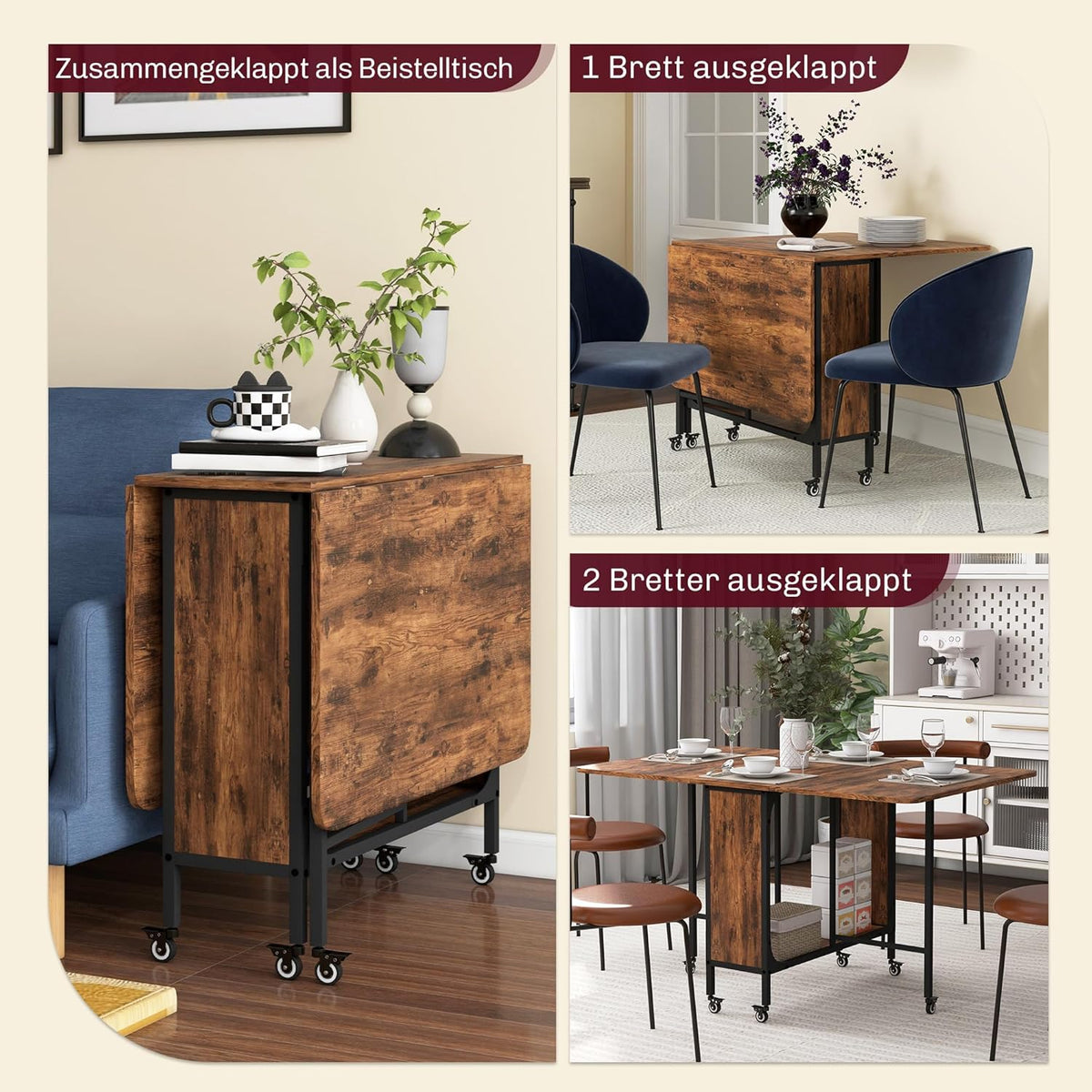 HOMCOM Esstisch Klappbar Küchentisch für 6 Persons mit Offenen Ablage Mobiler Klapptisch Esszimmertisch für Kleine Räume, Esszimmer, Küche 130 x 80 x 74 cm Rustikal-Braun - QUORE