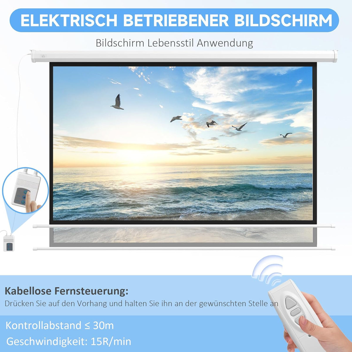 Projectiescherm Elektrisch – Motorisch Projectiescherm – Beamerdoek – Uittrekbaar Scherm – Filmscherm – Groot Scherm 266 X 149 CM – Inclusief Afstandsbediening