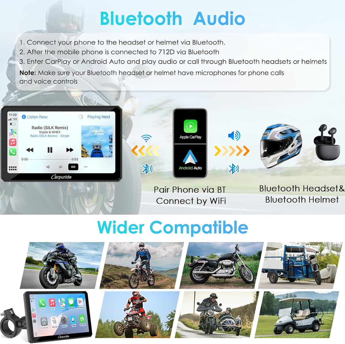 Motorfiets Carplay Scherm – Motor GPS Display – Motor Touchscreen – Draadloze Smartphone Integratie – Motor Dashcam Systeem – 7 Inch Waterdicht IPS Touchscreen – Dubbele 1080P HD Dashcams Voor en Achter