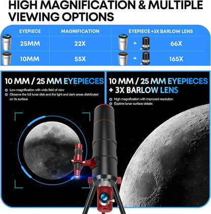 Dianfan Telescoop, 90/550 telescopische astronomie voor volwassenen en kinderen, draagbare telescoop voor beginners met AZ-montage, statief, telefoonadapter, draagtas en klapkruk