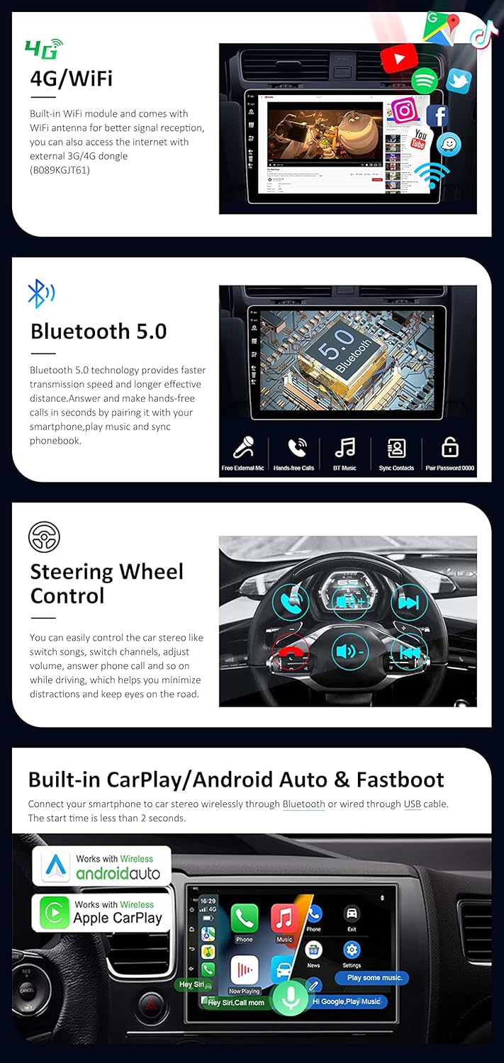 Autoradio – Auto Radio – Multimedia Radio – 2-DIN Radio – Android 14 Autoradio – 9 Inch IPS Scherm – Draadloze CarPlay & Android Auto