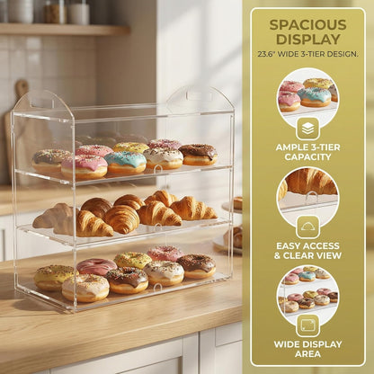3-Tier Commercieel Bakkerij Vitrine met Handvat, 49,5 x 38 x 26 cm Vitrine voor Banketbakkerij Voedsel Display Kast voor Brood Dessert Koekje Bakken