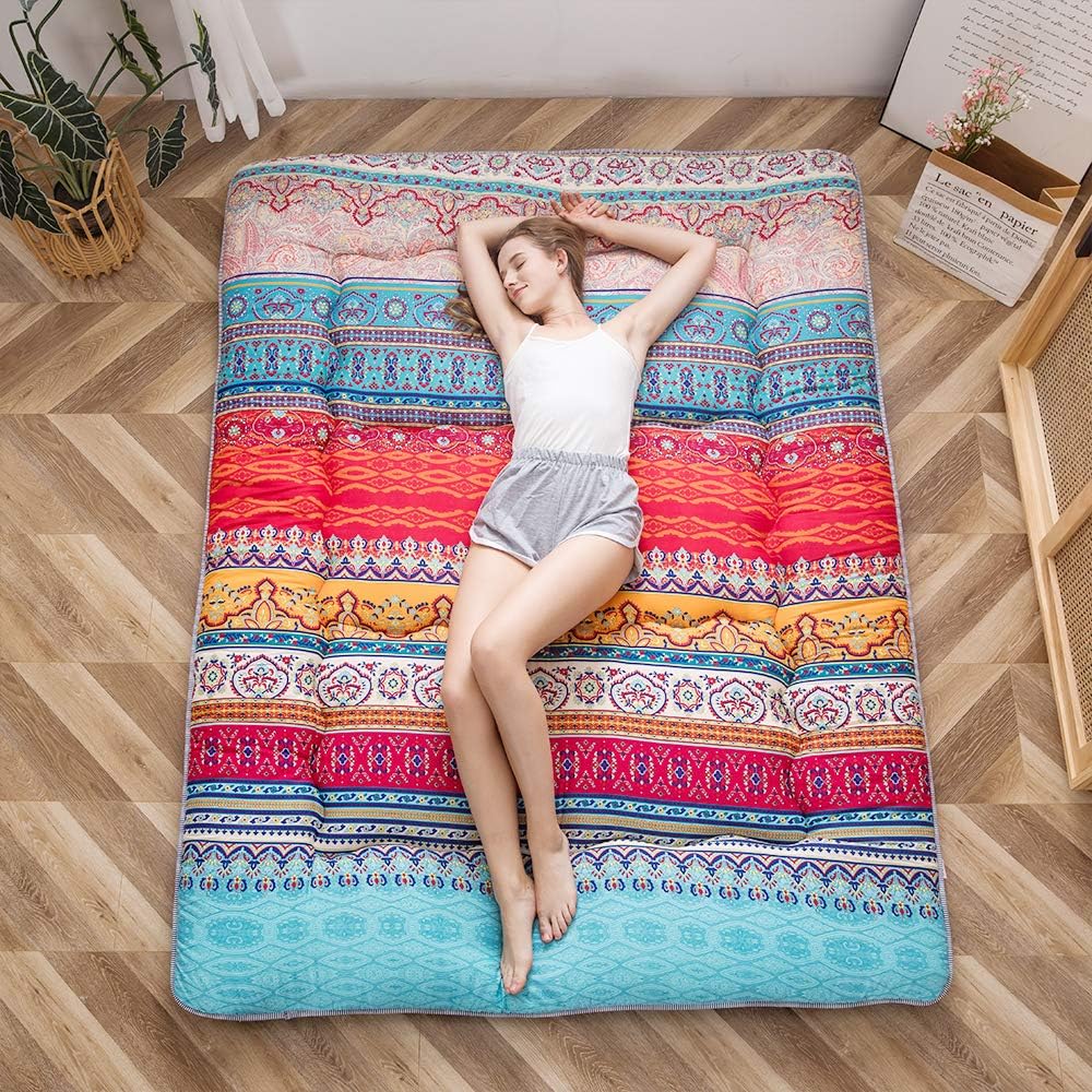 MAXYOYO Futon Retro Bohemian matras - Japanse bloemen vintage vloer - rollende logeerbed, draagbare camping, Tatami mat (Bohemian A, 135 x 190 cm)