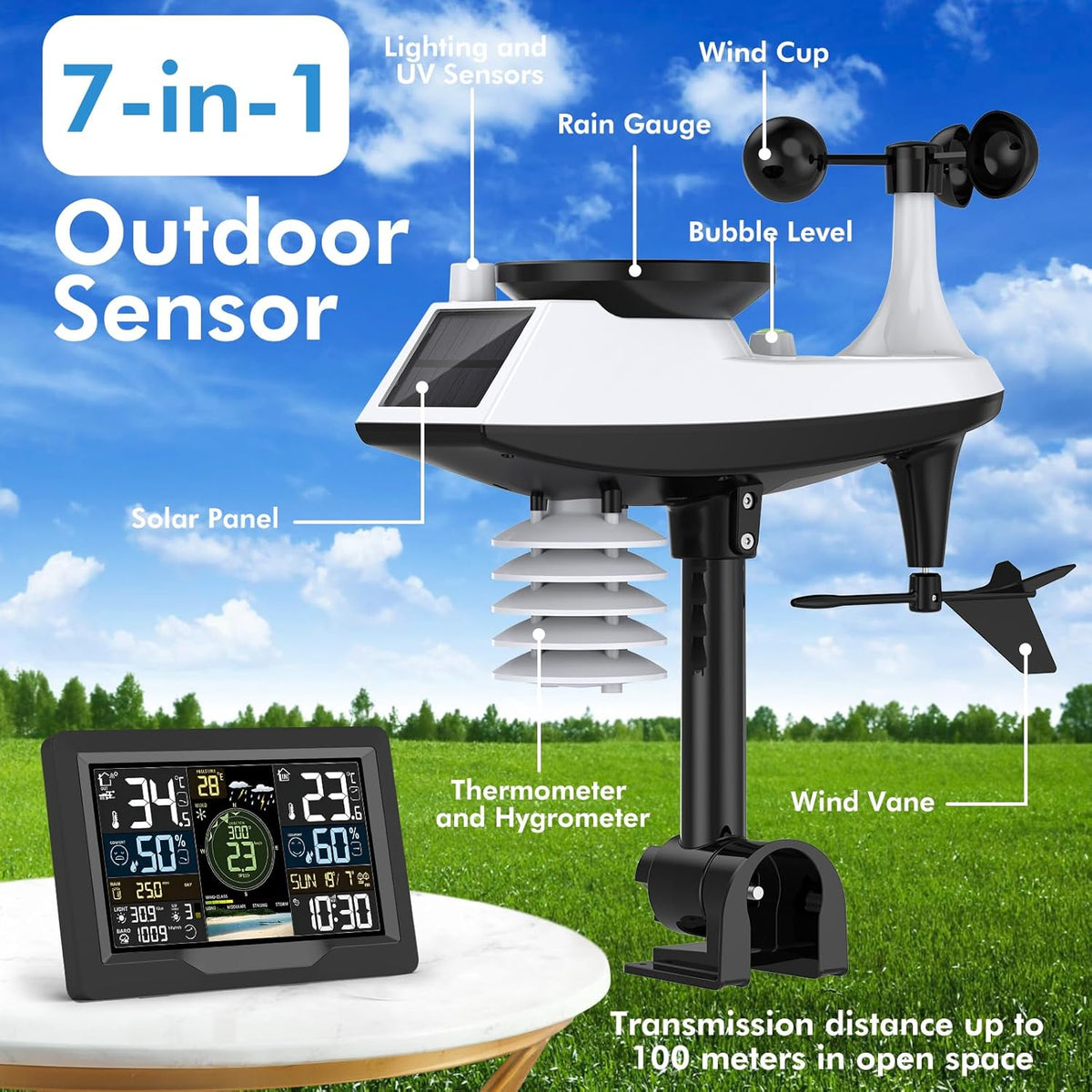 jely WiFi Weerstation met App, WLAN Weerstation met Buitensensor, Thermometer Hygrometer, Windmeter & Regenmeter, Temperatuur, Vochtigheid, Luchtdruk, UV-Index, 12–24 u Weersvoorspelling