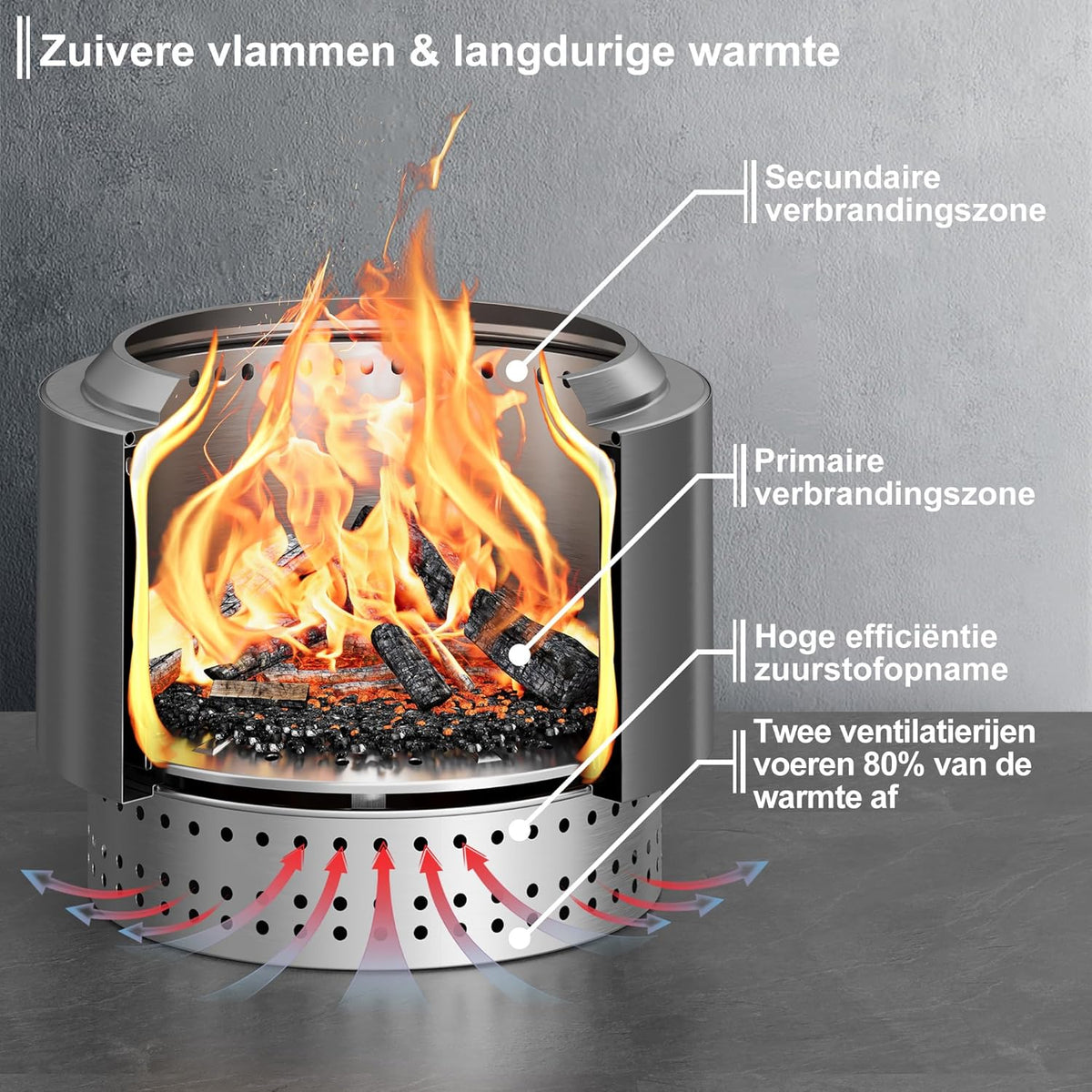 Rookloze Vuurschaal met Afneembare Aslade, Vuurschalen voor Houtverbranding in de Tuin, Draagbare Camping Vuurkorf, Roestvrij Staal, Waterdichte Tas & Vuurpook Inclusief, 50x38 cm, Zilver