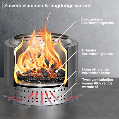 Rookloze Vuurschaal met Afneembare Aslade, Vuurschalen voor Houtverbranding in de Tuin, Draagbare Camping Vuurkorf, Roestvrij Staal, Waterdichte Tas & Vuurpook Inclusief, 50x38 cm, Zilver