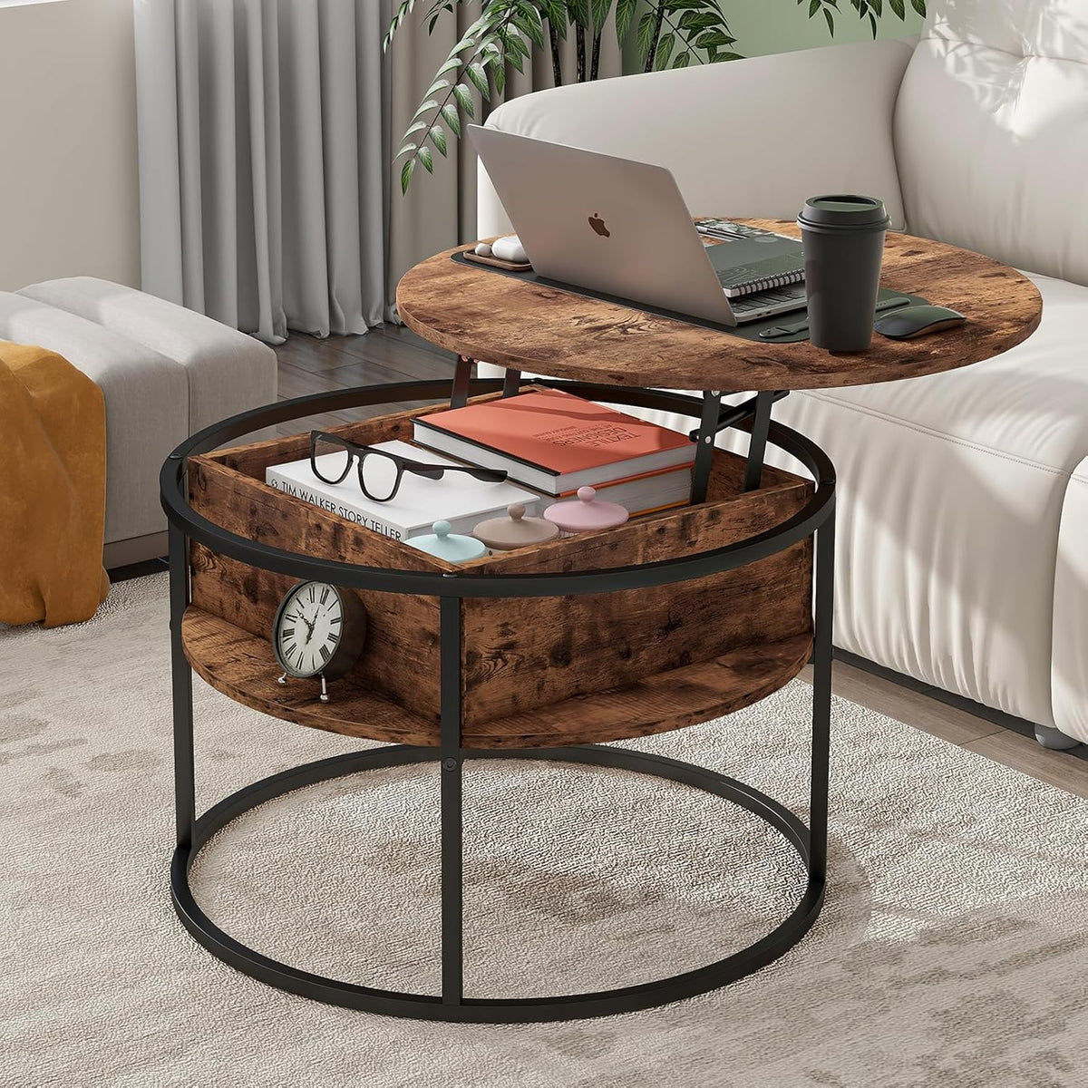 HOJINLINERO Ronde salontafel met lifttop voor woonkamer, Wsooden salontafel met verborgen opslag en lifttop, moderne sofa thee-eindtafels woonkamermeubels, bruin