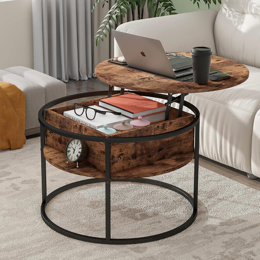 HOJINLINERO Ronde salontafel met lifttop voor woonkamer, Wsooden salontafel met verborgen opslag en lifttop, moderne sofa thee-eindtafels woonkamermeubels, bruin
