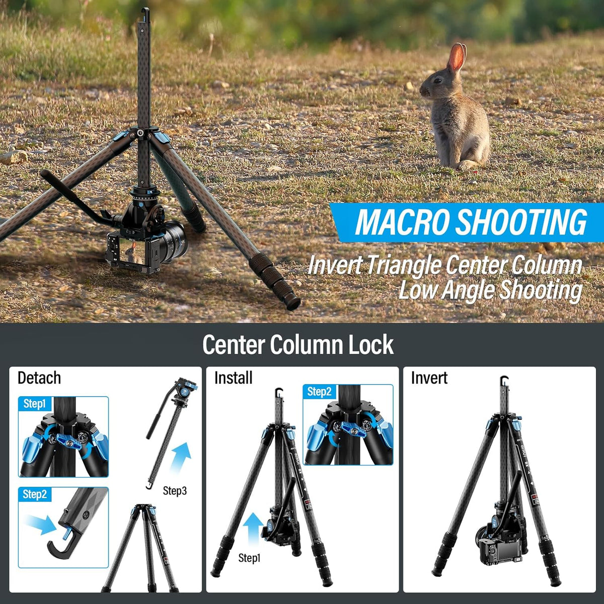 SIRUI AM-124 Koolstofvezel statief met AM-5VX vloeistofkop, 65 inch compact videocamerastatief voor reizen, driehoekige middenkolom, zijlader QR-plaat, waterdicht draaislot, belastingen 3 kg