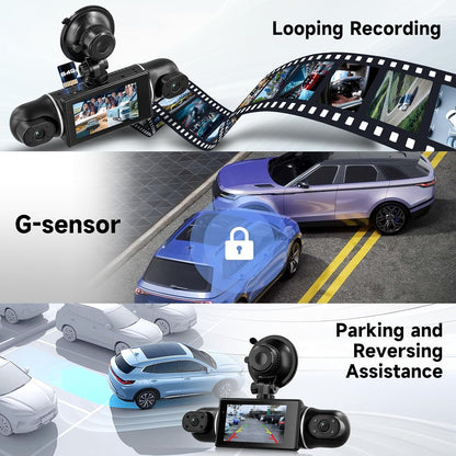 Hodozzy 2K WiFi 4-kanaals dashcam auto met app-bediening, dashcam met lusopname, 3 inch dashcam met nachtzicht, G-sensor, spiegelafbeelding, parkeermodus, spiegelfunctie, achteruitrijhulp + TF