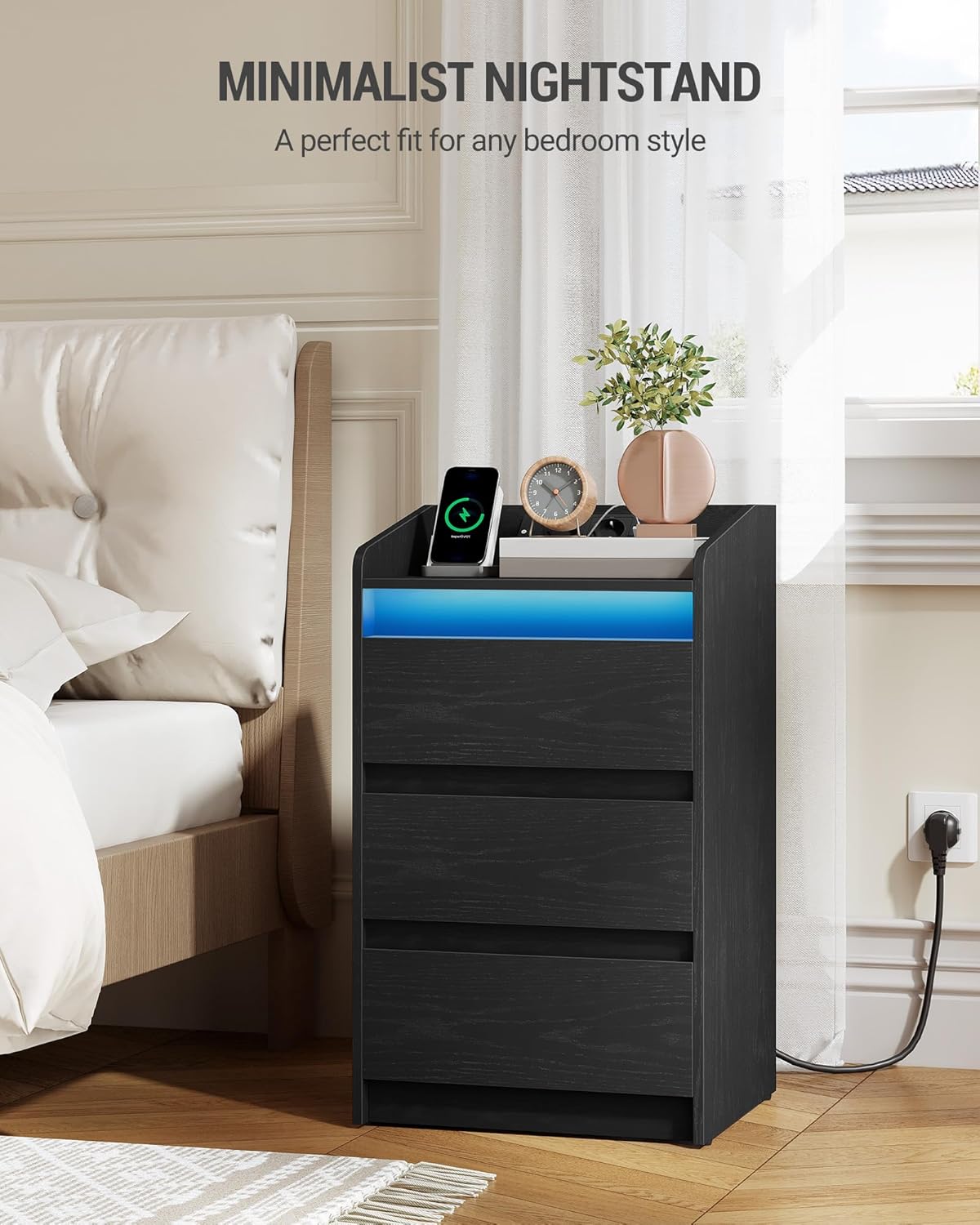 Hzuaneri Bedside Table Set of 2 with 3 Drawers, Side Table with Charging Base and LED, 2 AC Outlets and 2 USB Ports for Bedroom, Living Room, Black NS40104X