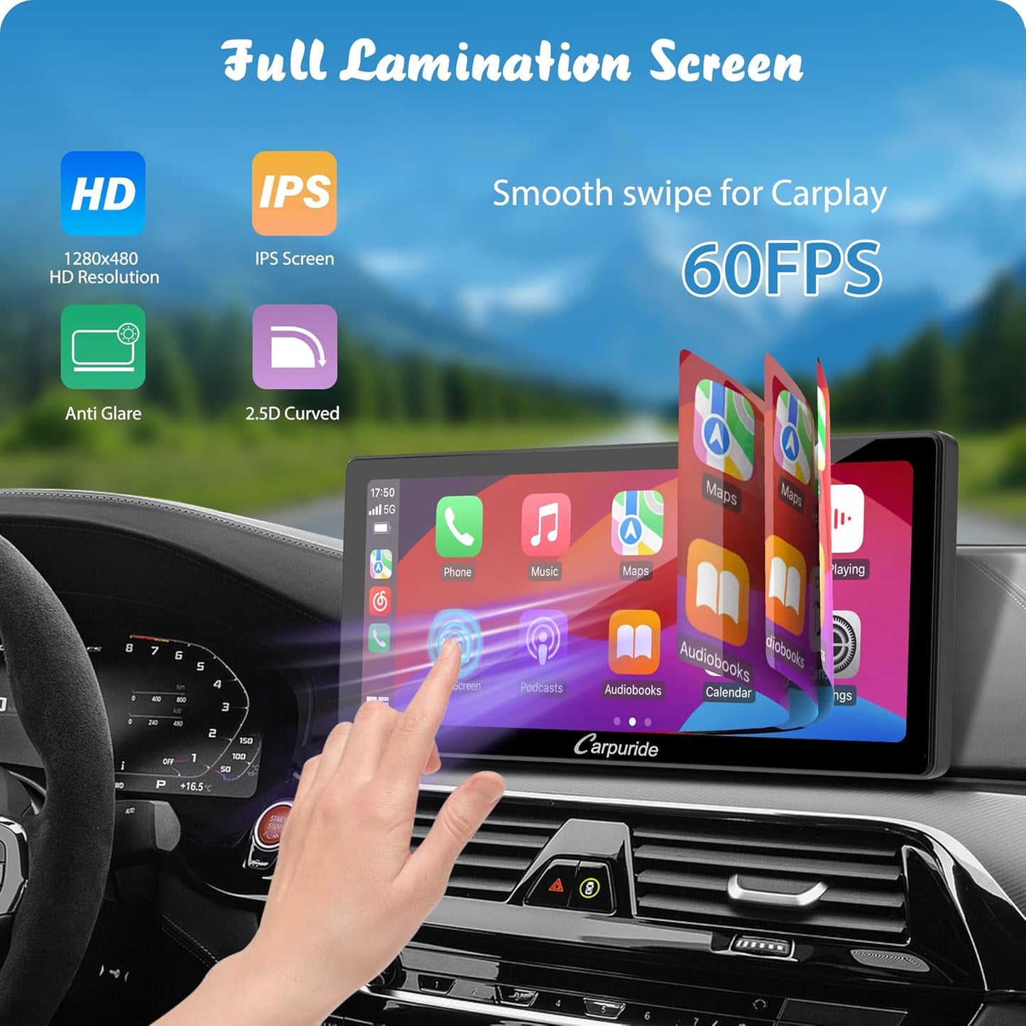 Carpuride W103 Pro met draadloze Bluetooth-overdracht, draagbaar Carplay en Android Auto-autoradio, 10,3 inch 1080P-touchscreen, Mirror Link/GPS/Siri/FM, met 3 houders