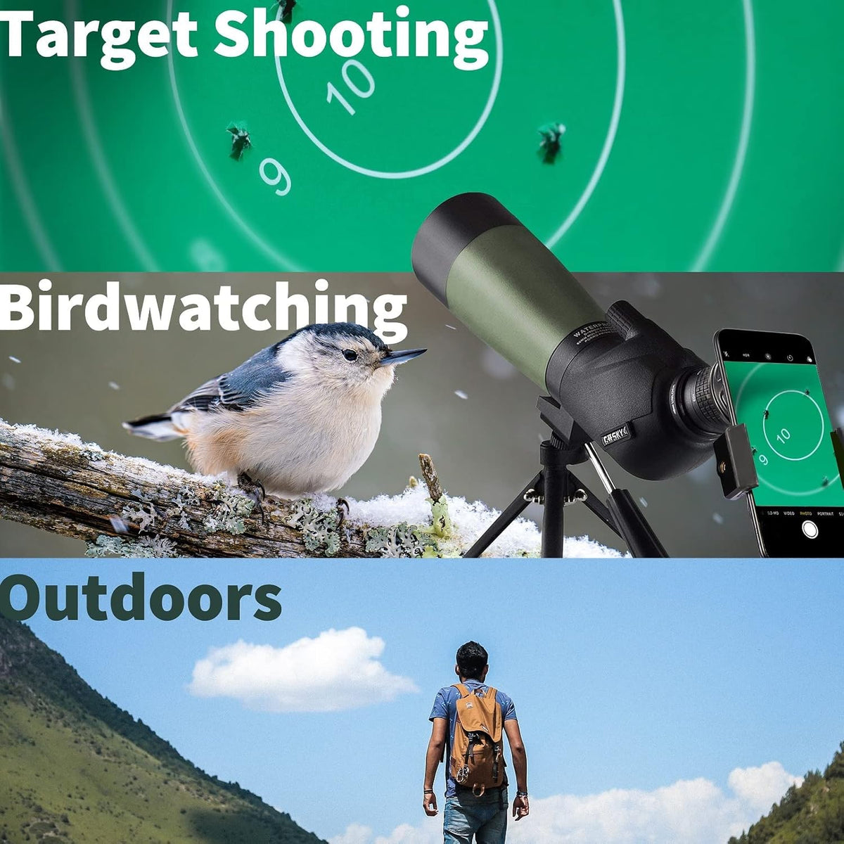 Gosky 20-60x60 HD spotting scope met statief, draagtas en scope telefoonadapter - BAK4 Telescoop voor doelschieten jacht vogels spotten wildlife landschap