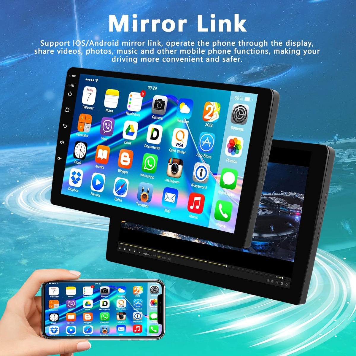4+64G Carplay Auto Radio 2 din Android met Bluetooth, Motorsi Dubbele din Radio Auto met Scherm, Stereo Auto Support GPS -Navigatie/Mirrorlink/FM/WIFI/USB/SWC + Achteruitrijcamera + Microfoon
