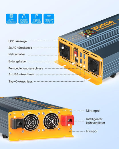 Spanningsomvormer, 3000 W24 V, zuivere sinusomvormer, 24 V naar 230 V, met 2 EU-stopcontacten, 1 x USB-C, 3 x USB-A, snelladen, lcd-display voor camper, vrachtwagen, auto