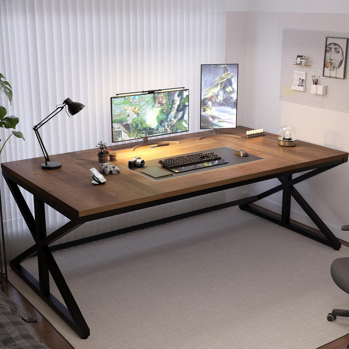 IBF Lange industriële computertafel, grote moderne houten bureau voor thuiskantoor, licht eiken pc studie gaming werk schrijftafel voor 2 personen, boerderij dubbel werkstation bureau met opslag in
