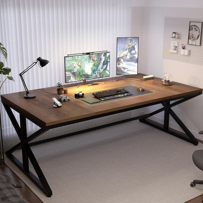 IBF Lange industriële computertafel, grote moderne houten bureau voor thuiskantoor, licht eiken pc studie gaming werk schrijftafel voor 2 personen, boerderij dubbel werkstation bureau met opslag in