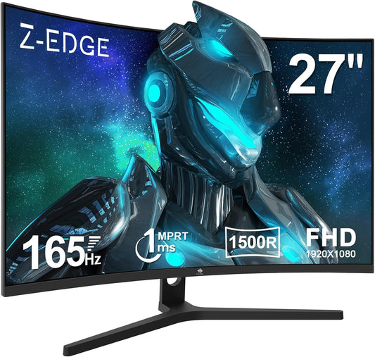 Z-Edge Gaming Monitor Curved 27'' 165Hz, 1ms, FreeSync, 1080P, 16:9 LED Gaming Monitor Ultra-Thin Bezel, 1500R VA, Adjustable Tilt, 2*HDMI2.0 & DP1.4, VESA 100 * 100mm(HDMI Cable Included)